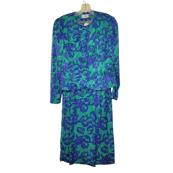 Papell Boutique Jackets & Blazers - NWT Vintage Papell Boutique Green Blue Floral Printed Skirt Suit Size 14